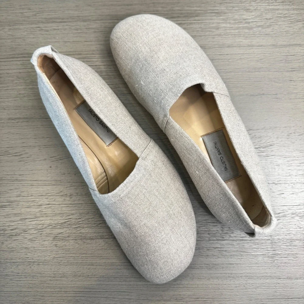 Fausto Santini Women 7-7.5 EU 37.5 Beige Linen Flats Italian Leather Sole Loafer